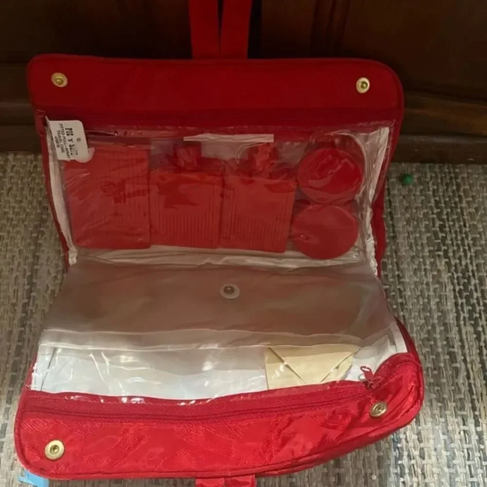Vintage 1960s Red Satin Hanging Travel Toiletry Case NOS Complete Set